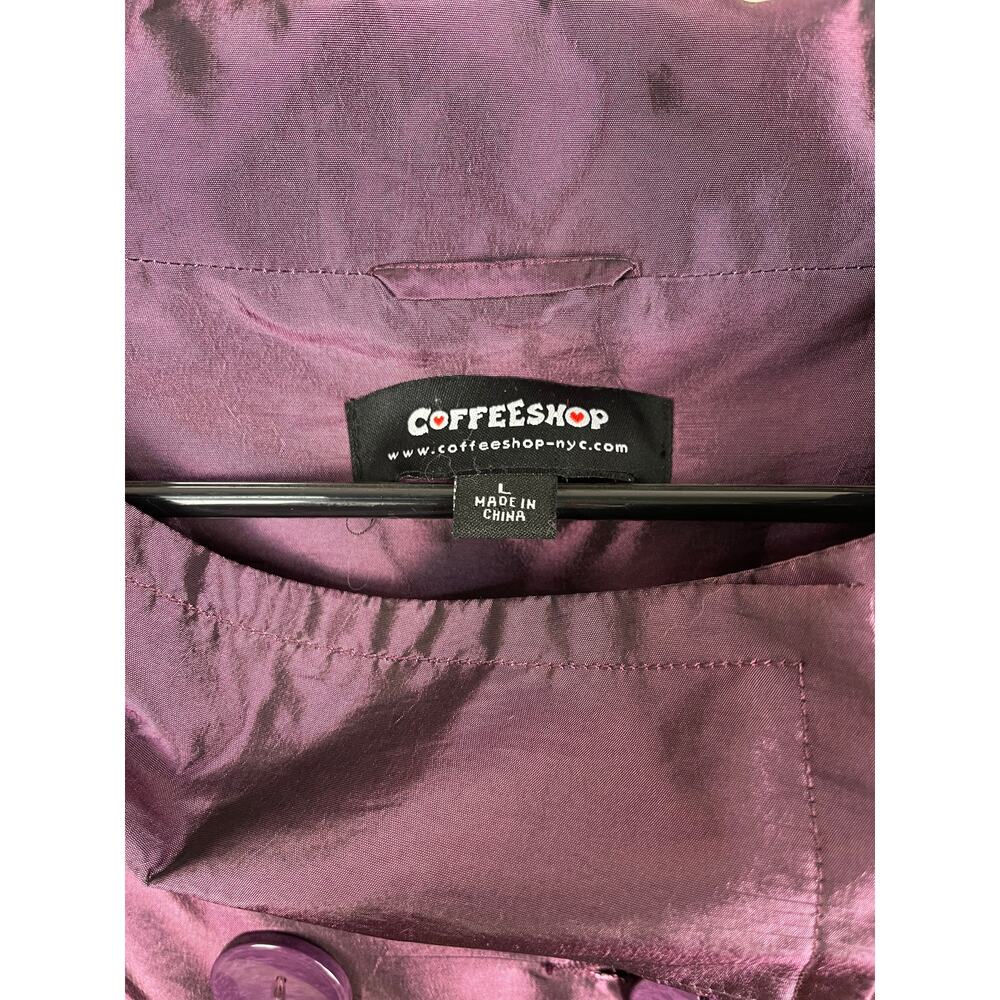 Women's Large Coffeeshop NYC Brand Shiny Purple Metallic Rain Coat - Picture 3 of 6